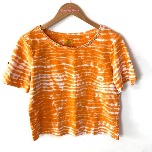 Ruby Rd. short sleeve roll tab orange & white tie-dyed top, Size PL - Picture 6 of 9